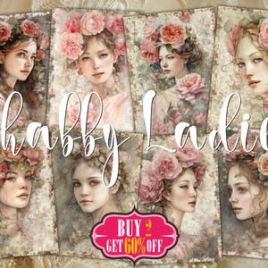 Flower Girl Card Digital ATC - 8 ACEO Print Acuarela Vintage Ladies con Shabby Roses Crown Floral Decoupage Papers, Kit de etiquetas de diario basura
