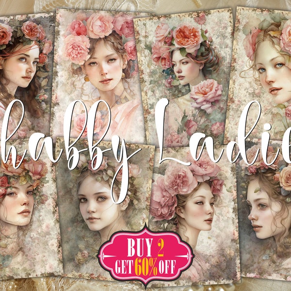 Flower Girl Card Digital ATC - 8 ACEO Print Watercolor Vintage Ladies with Shabby Roses Crown Floral Decoupage Papers, Junk Journal Tags Kit