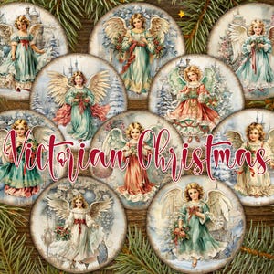 10 angeli di Natale vittoriani da 4" immagini rotonde PNG e 2 fogli digitali stampabili con set di cerchi decoupage retrò vintage ispirati a Stamperia
