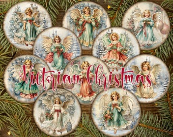10 Victorian Christmas Angels 4&quot; Round Images PNG and 2 Digital Printable Sheets with Stamperia Inspired Retro Vintage Decoupage Circles Set