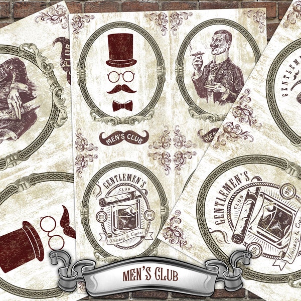 2+1 FREE Digital Printable Paper "Men's Club" A4 Sheet Set - 8 high resolution images  for decoupaging, scrapbooking, craft, DIY projects