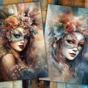 2 Digital Paper Pack "Masquerade Mask" - A5 Planer Cover, Aquarell Decoupage Papiere Collage Sheets, Junk Journal Seiten, Notebook Cover