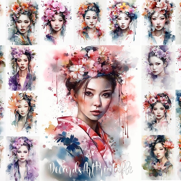 21 Geisha Girl Art Japanese Style Woman Boho Flowers Watercolor Portraits, Asian Inspired Digital Paper Pack, Oriental Ladies Illustrations