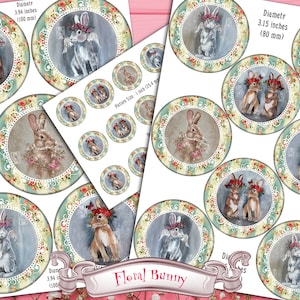 Floral Bunny Circle Images Digital Collage Set de 3 hojas imágenes redondas Ø1", 80mm, 100mm para lazos para el cabello, colgantes, decoupage, proyectos de bricolaje