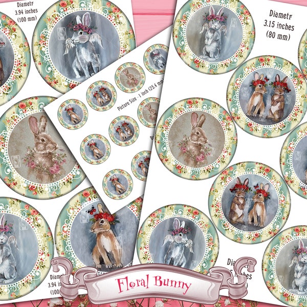 Floral Bunny Circle Images Digital Collage Set of 3 Sheets round pictures Ø1", 80mm, 100mm for Hair Bows, Pendants, Decoupage, DIY projects