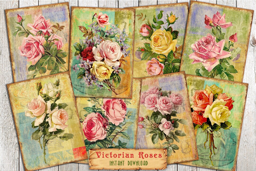 Digital ATC Cards Victorian Roses - 8 Printable ACEO 2.5