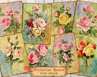 Digital ATC Cards Victorian Roses - 8 Printable ACEO 2.5"x3.5" Vintage Floral Piсtures For Junk Journal, Item Tags, Scrap Book, Ephemera Kit