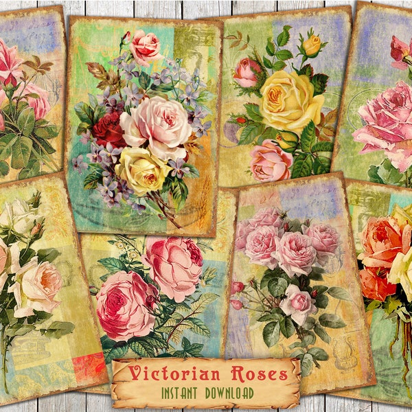 Digital ATC Cards Victorian Roses - 8 Printable ACEO 2.5"x3.5" Vintage Floral Piсtures For Junk Journal, Item Tags, Scrap Book, Ephemera Kit