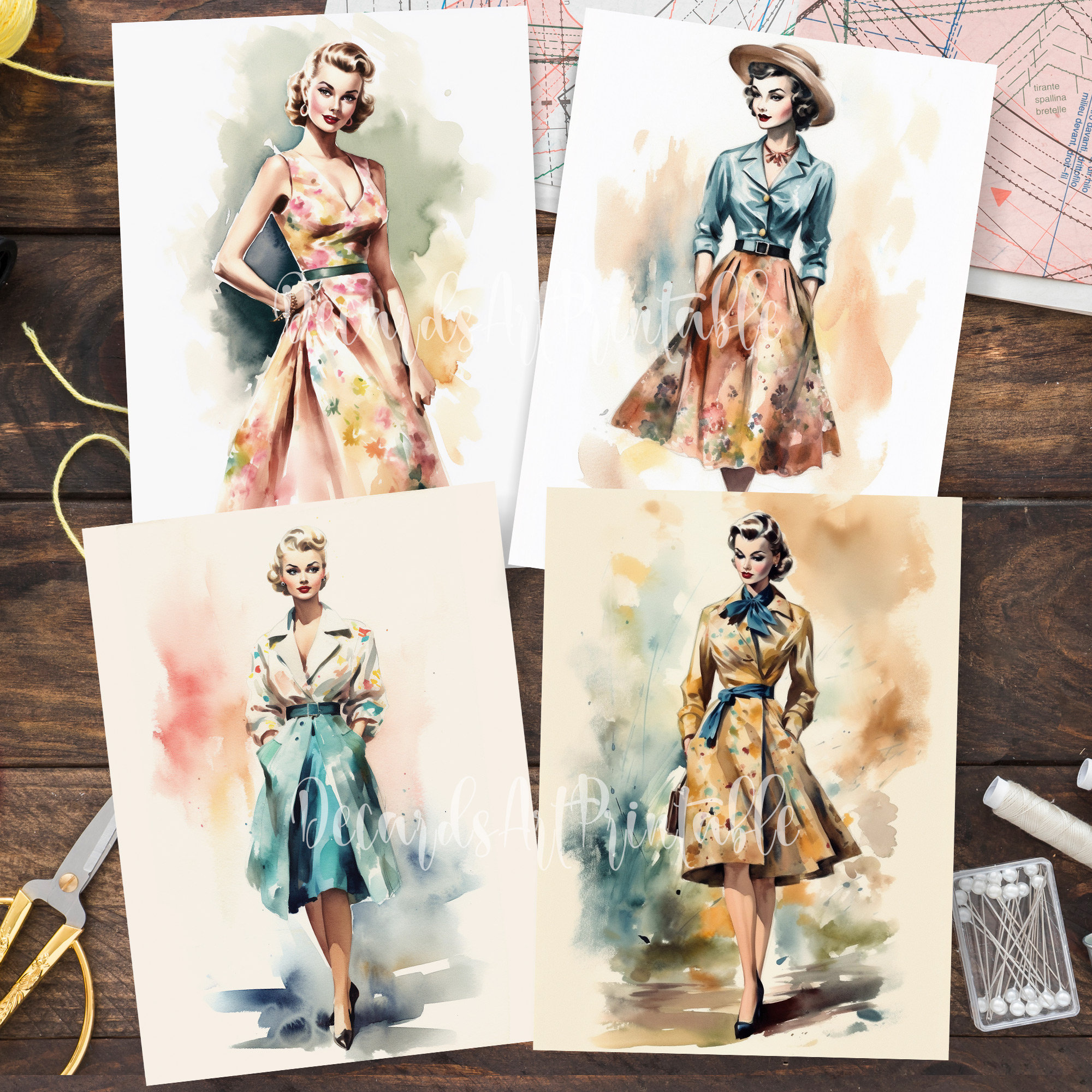 1950s Women Fashion Illustration 20 Printable Watercolor 50s
