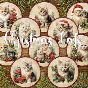 10 Vintage Christmas Cats Round Images PNG i 2 Digital Printable Retro Stamperia Decoupage Papers Styled Collage Sheets do projektów DIY