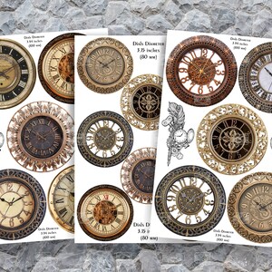 May include: A set of 10 printable clock face images in various styles. The dials are 3.15 inches (80 mm) and 3.94 inches (100 mm) in diameter. The images feature intricate details and Roman numeral markings.