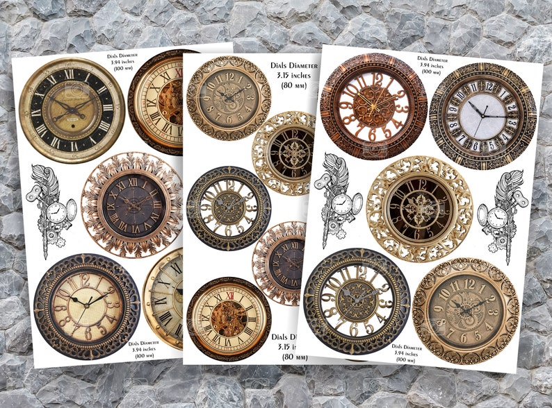 May include: A set of 10 printable clock face images in various styles. The dials are 3.15 inches (80 mm) and 3.94 inches (100 mm) in diameter. The images feature intricate details and Roman numeral markings.