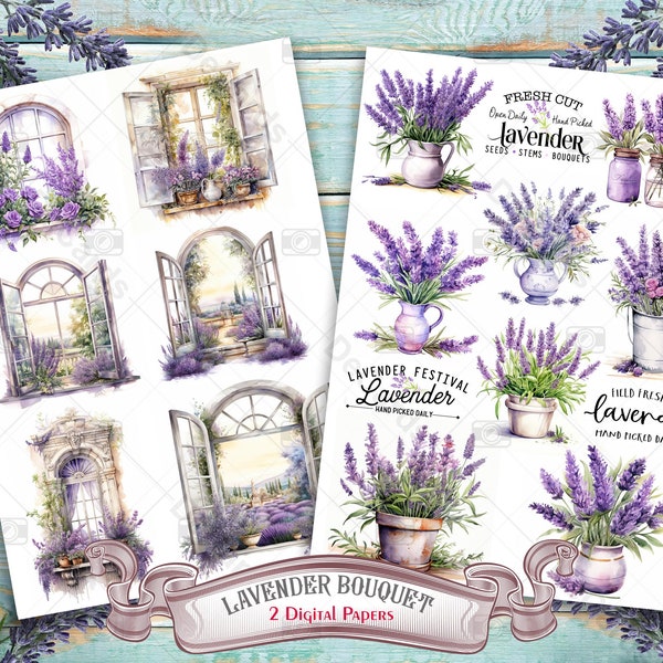 2 Digital Paper Printable Lavender Bouquet A4 Sheet Set -14 Floral Watercolor Botanical Art Images. Ideal for Decoupage, Fussy Cut Craft Kit