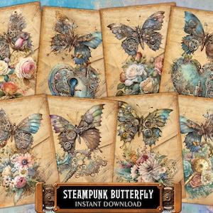 Cartes ATC numériques papillon steampunk - 8 feuilles de collage aquarelle art techniques mixtes ACEO imprimables, étiquettes de journal indésirable, kit éphémère vintage