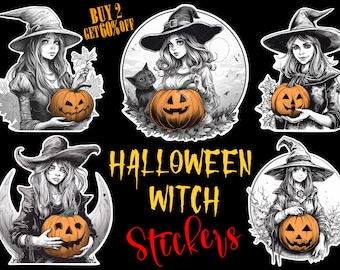 Halloween Witch Stickers PNG Images, Macabre Art Design Ready for Cricut cutting machine Print then Cut, Printable 8x11 Sheet For Fussy Cut
