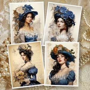 Op de afbeelding: Vier digitale kunstprints met vrouwen in blauwe jurken en uitgebreide bloemenhoofdtooien. De vrouwen hebben donker haar en kijken rechtstreeks naar de kijker. De achtergrond is zacht cr&egrave;mekleurig.