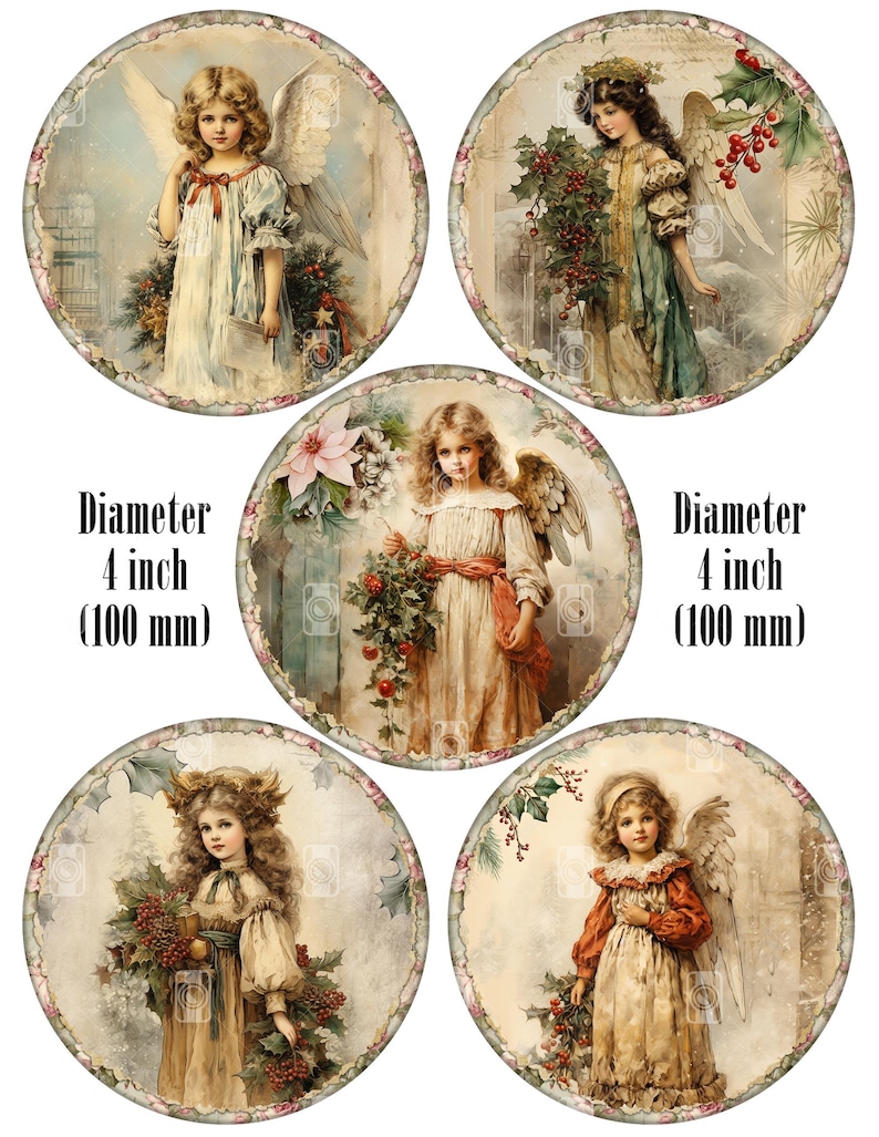 10 Victorian Christmas Angels Round Images PNG and 2 Digital Printable ...