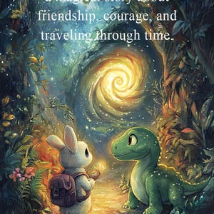 Może przedstawiać: Ilustracja białego kr&oacute;lika i zielonego dinozaura w magicznym lesie. Tekst "Rabbit Hopper & Dino: Secrets of the Time Caye" opisuje historię o przyjaźni, odwadze i podr&oacute;żach w czasie.