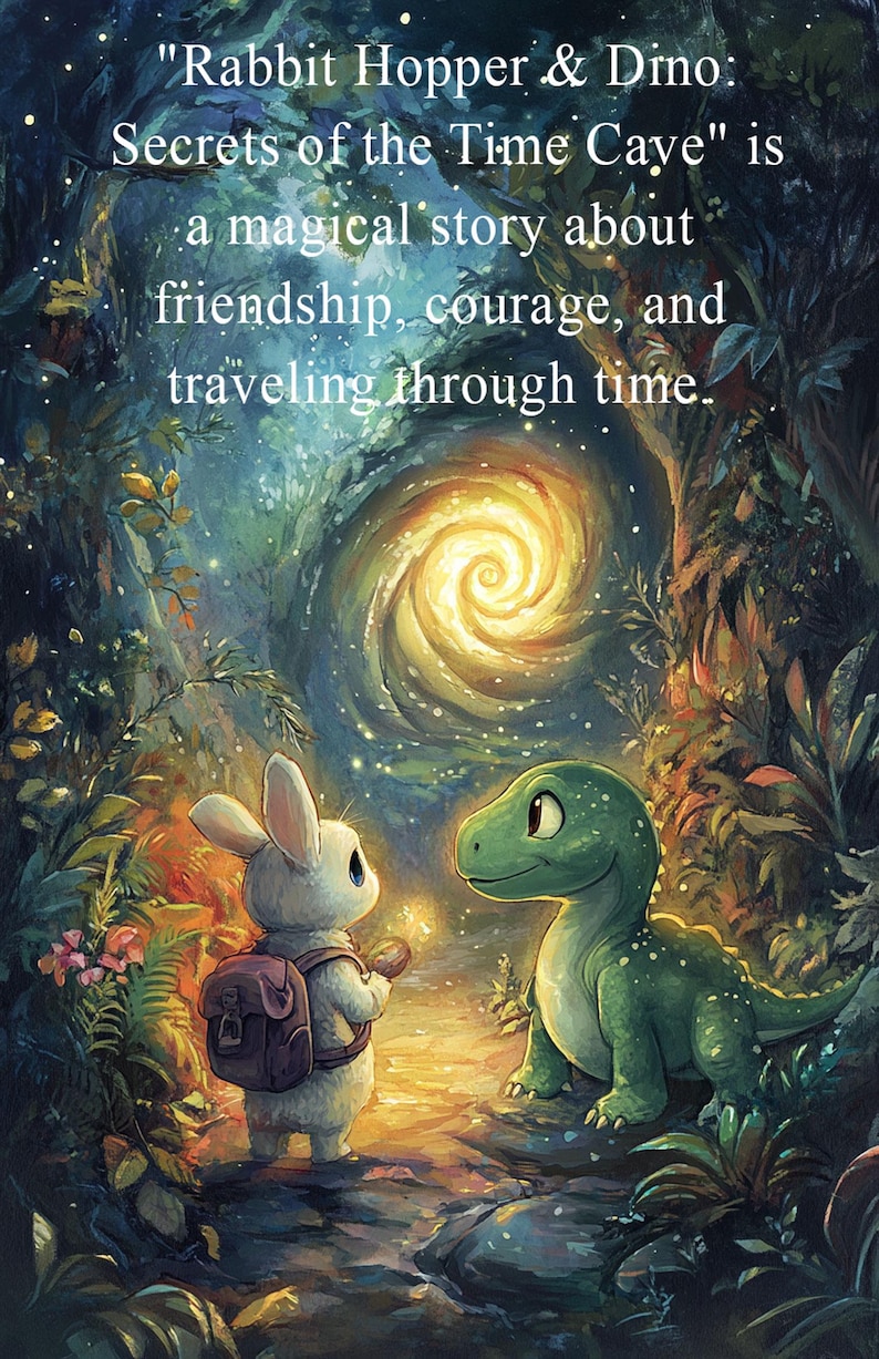 Może przedstawiać: Ilustracja białego kr&oacute;lika i zielonego dinozaura w magicznym lesie. Tekst "Rabbit Hopper & Dino: Secrets of the Time Caye" opisuje historię o przyjaźni, odwadze i podr&oacute;żach w czasie.