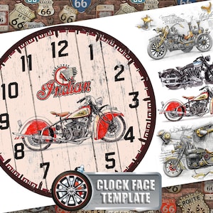Modello stampabile per quadrante orologio grande ø7,87" (200 mm) "motocicletta indiana" per decoupage di quadranti di orologi, progetti fai da te, decorazioni per la casa, creazione di regali