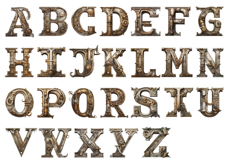 26 Steampunk Alphabet Rusty Metal Letters PNG Archivo digital en capa transparente limpia, arte industrial imprimible efímera fuente de uso comercial imagen 3