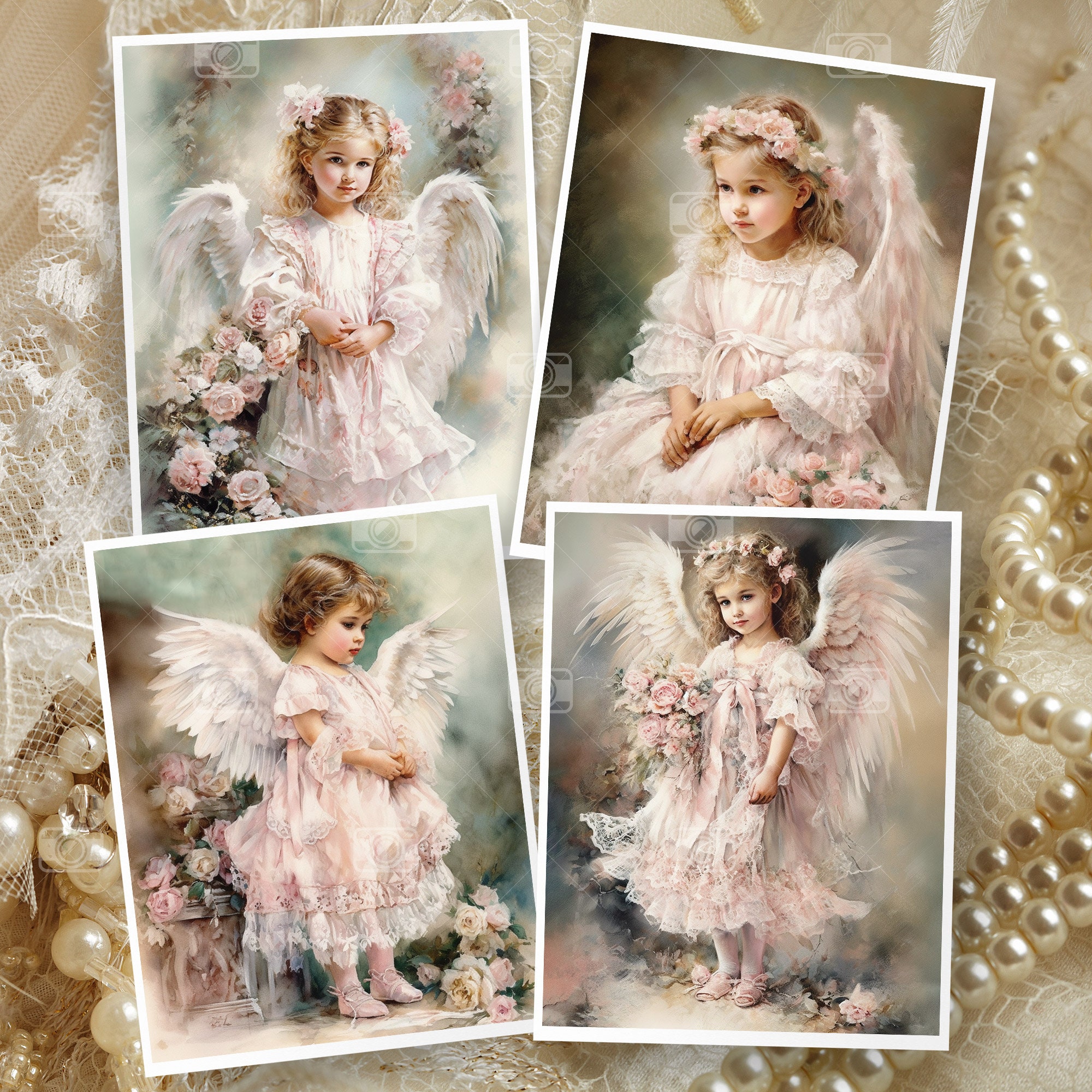 22 Small Angel Painting Digital Paper Pack - Watercolor Cute Little ...