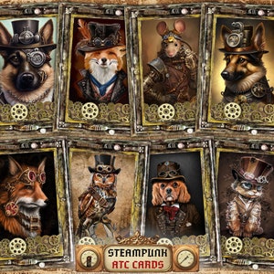 Steampunk Digital ATC Cards Cute Animals 8 high resolution 2.5х3.5 ACEO images on A4 Sheet for DIY Projects. Instant Download and Print image 1