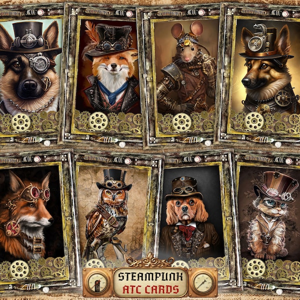 Steampunk Digital ATC Cards Cute Animals  - 8 high resolution 2.5"х3.5" ACEO images on A4 Sheet for DIY Projects. Instant Download and Print