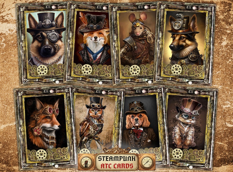 Steampunk Digital ATC Cards Cute Animals 8 high resolution 2.5х3.5 ACEO images on A4 Sheet for DIY Projects. Instant Download and Print image 1