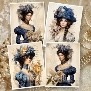 Op de afbeelding: Vier digitale afdrukbare afbeeldingen van vrouwen in blauwe jurken en hoeden versierd met bloemen. De vrouwen hebben lang donker haar en houden boeketten bloemen vast. De achtergrond is een script in vintage stijl.