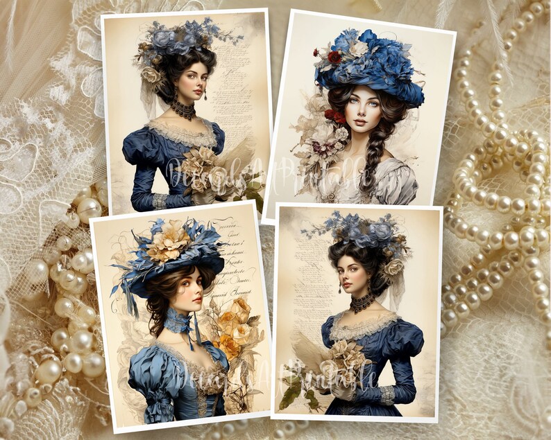 Op de afbeelding: Vier digitale afdrukbare afbeeldingen van vrouwen in blauwe jurken en hoeden versierd met bloemen. De vrouwen hebben lang donker haar en houden boeketten bloemen vast. De achtergrond is een script in vintage stijl.