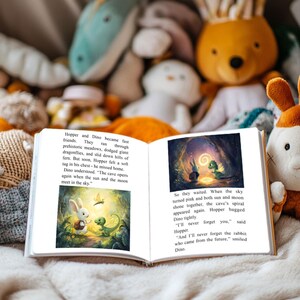 Może przedstawiać: Otwarta książka dla dzieci z ilustracjami kr&oacute;lika i dinozaura w jaskini. Tekst opisuje ich przyjaźń i magiczną jaskinię. Miękkie zabawki otaczają książkę, tworząc przytulną atmosferę.