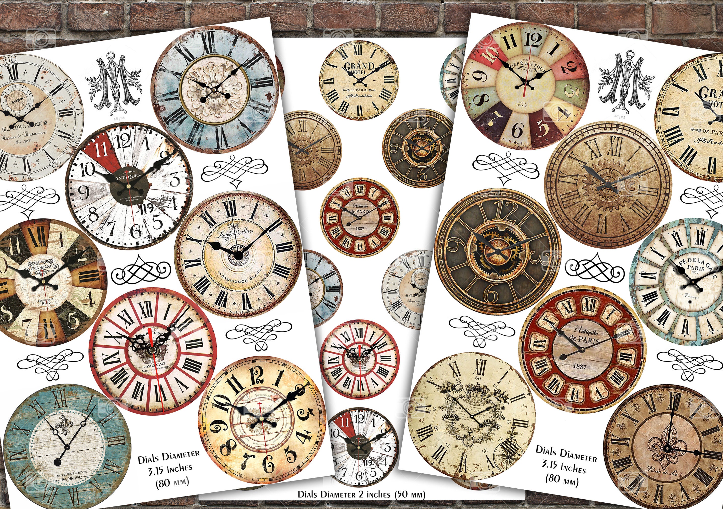 32 Retro Clock Face Dials Kit of 3 Digital Printable A4