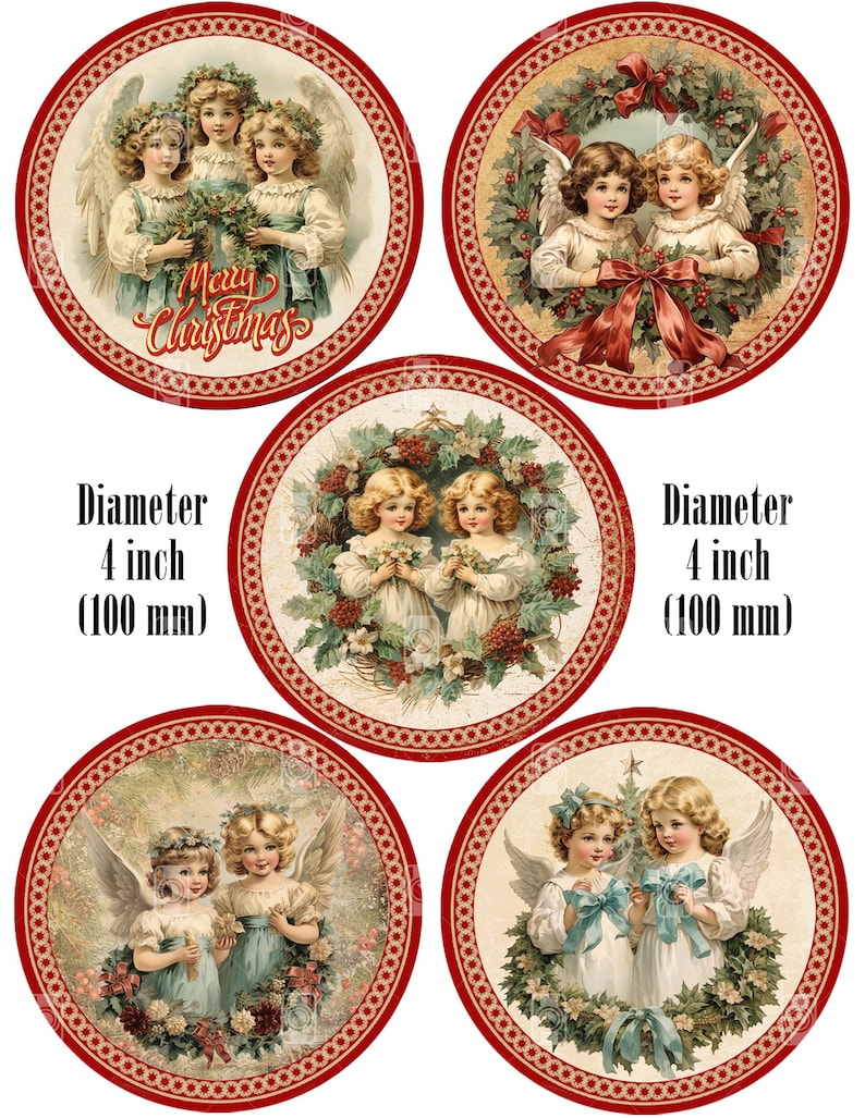 10 Retro Christmas Angels Round Images PNG and 2 Digital Printable ...