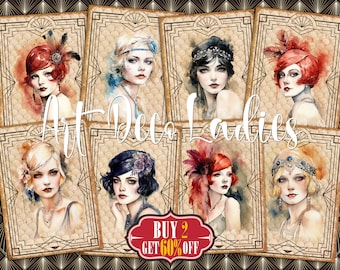 May include: A set of eight digital art prints featuring watercolor illustrations of women in Art Deco style. Each print features a woman with a unique hairstyle and accessories, set against a background of geometric patterns. The prints are titled "Art Deco Ladies" and include the text "Buy 2 Get 60% Off".