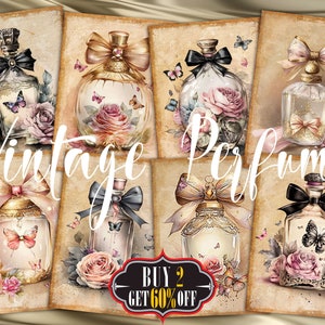 Cartões ATC digitais para frascos de perfume vintage - 8 ACEO para impressão, chique e chique, aquarela floral, borboleta, arte, lixo, diário, etiquetas, kit de sucata, itens efêmeros