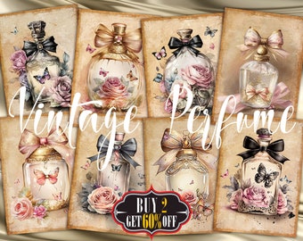 Vintage Perfume Bottle Digital ATC Cards - 8 Printable ACEO Shabby Chic Floral Watercolor Butterfly Art Junk Journal Tags Scrap Ephemera Kit