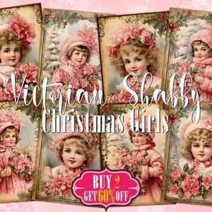 Navidad victoriana Shabby Chic Girl Portrait Tarjetas ATC digitales - 8 Imprimible ACEO Vintage Art Retro Children Jung Journal Tags Ephemera Kit