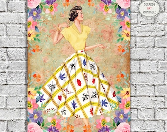 1950s Women Dress Vogue Art Digital Printable Collage Sheet, A4 Poster for Apartment Wall Decor, Vintage Decoupage, Notebook, Planner Cover