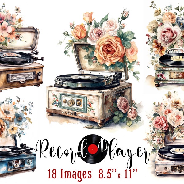 Retro Vinyl Record Player Digital Paper Pack - 18 Watercolor Floral Turntable Art Printable Images, Vintage Music Clipart, Wall Decor Poster