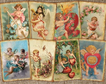 Digitale afdrukbare ATC-kaarten Retro Valentine - 8 hoge resolutie 2,5"х 3,5" ACEO-afbeeldingen op A4-vel Direct downloaden Klik en print