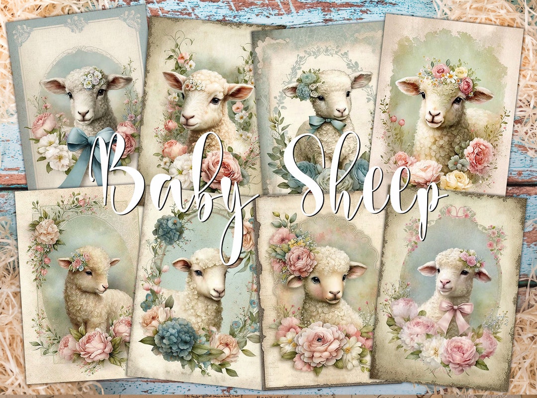 Baby Sheep Digital ATC Cards 8 Printable Easter Lamb Junk Journal Kit