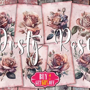 Cartões ATC digitais Dusty Rose - 8 etiquetas de diário lixo para impressão em aquarela floral ACEO floral vintage para casamento, kit de coisas efêmeras botânicas antigas