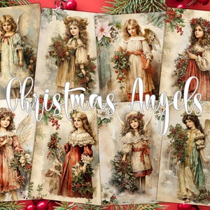 Victoriaanse kerstengelen digitale ATC-kaarten Junk Journal Kit - 8 afdrukbare stamperia-decoupagepapieren geïnspireerde vintage kerstkaarten kortstondig
