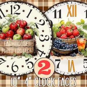 2 caras de reloj de cocina con forma de fruta: esferas de reloj redondas con diseño de jardín para imprimir digitalmente de 10", 8", 6" y 4" para decoración de pared de apartamento, plantilla para hacer relojes