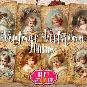 Kit di 8 etichette digitali ATC per diario di ragazze carine, arte vittoriana vintage, kit di ritratti di bambini vecchio stile degli anni '90, effimeri.