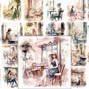 20 süßes Mädchen in einem gemütlichen Cafe Aquarell Clipart, Frühling Coffee Shop romantische Kunst, digitales Papier, druckbares Poster, Sublimationstasche