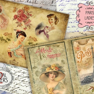 2 Econom Digital Paper Imprimible "Paris Ladies" A4 Sheet Set - 8 imágenes de alta resolución para decoupage, scrapbooking, artesanía, vintage, bricolaje