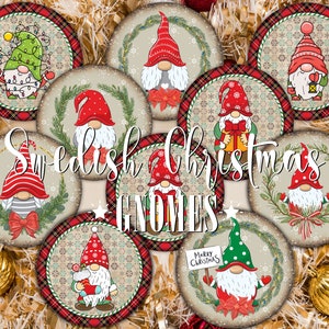 Immagini circolari di gnomi natalizi svedesi, arte scandinava, PNG, 2 fogli A4 stampabili digitali, immagini circolari per progetti fai da te, ciondolo albero di Natale