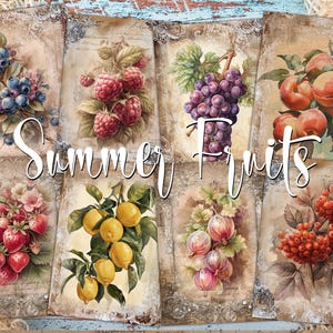 Cartes numériques ATC de style français Fruits d'été - 8 kits imprimables de journal indésirable d'art botanique, étiquettes en papier de découpage vintage aux fraises pour le bricolage